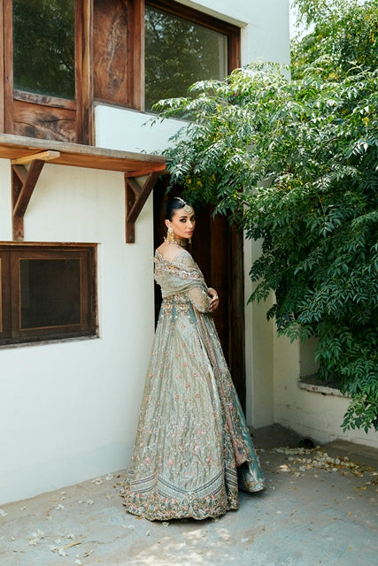 Pakistani Muted Blue Embroidered Brocade Kalidar Lehenga (3-Piece) - Image 5