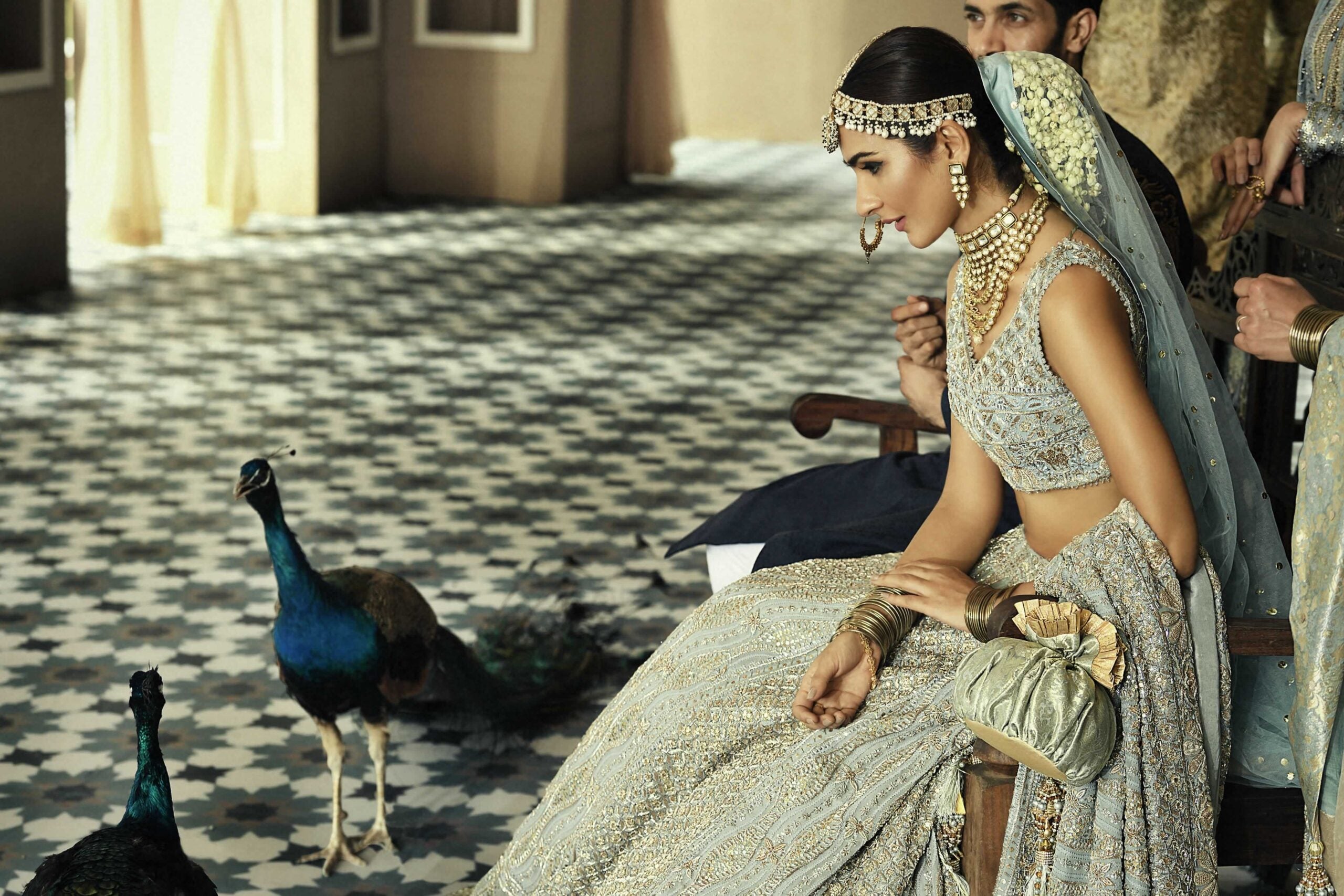 Pakistani Ice Blue Embroidered Chiffon Chickenkari Lehnga Choli (3-Piece) - Image 3