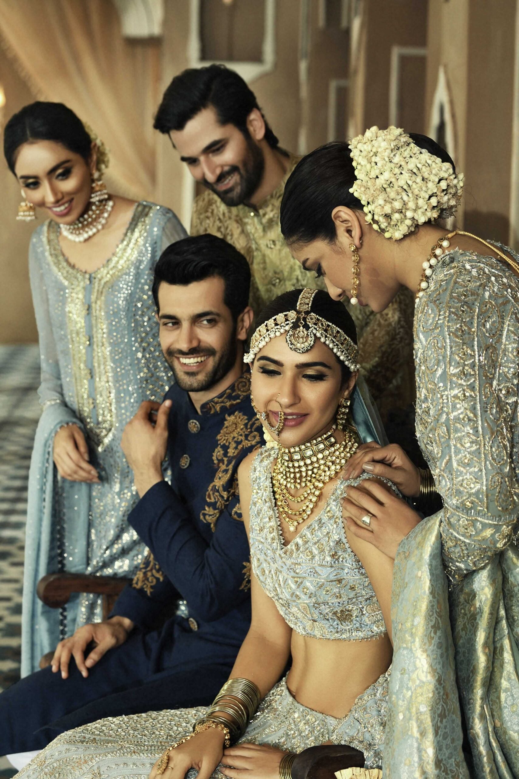 Pakistani Ice Blue Embroidered Chiffon Chickenkari Lehnga Choli (3-Piece) - Image 5