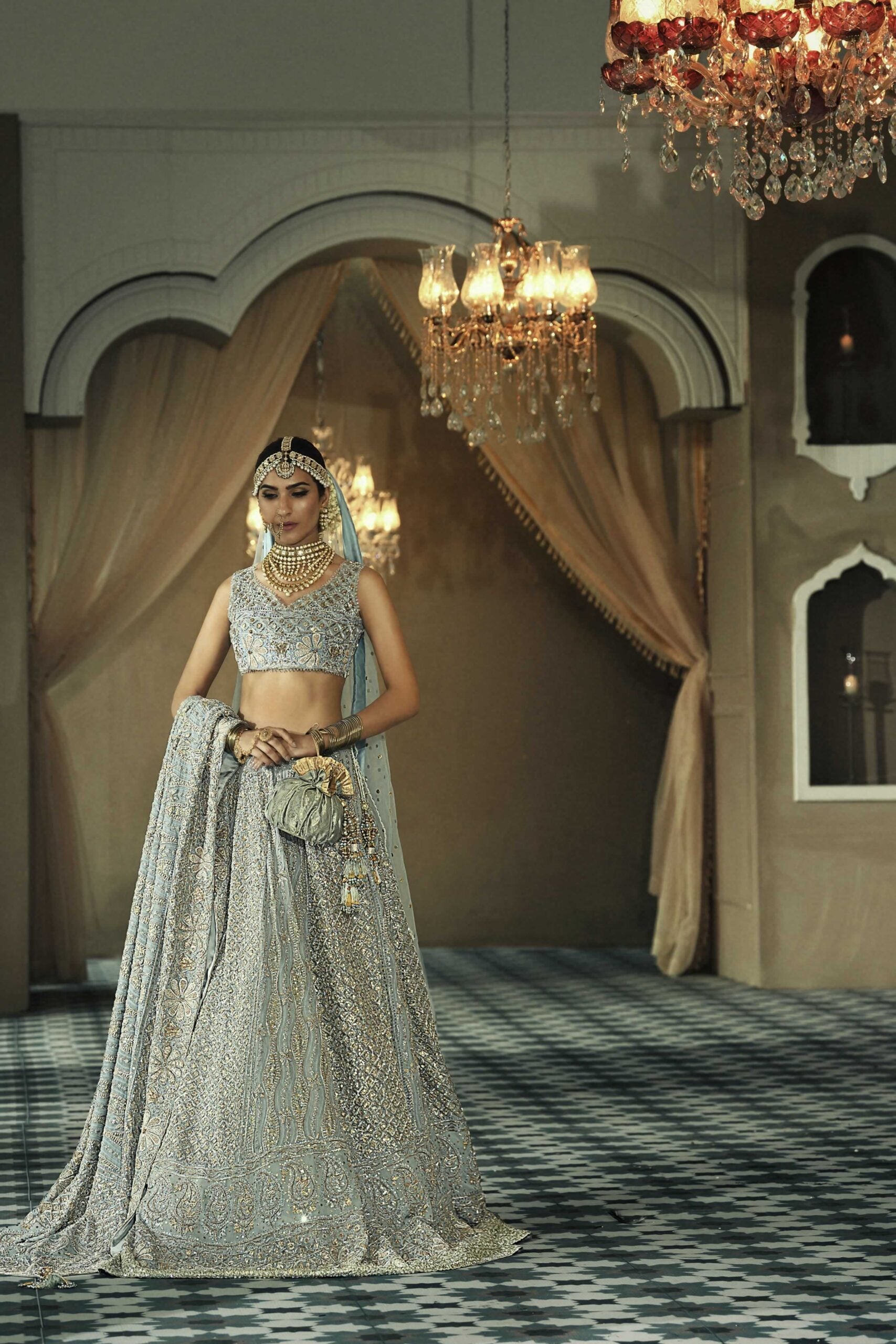 Pakistani Ice Blue Embroidered Chiffon Chickenkari Lehnga Choli (3-Piece) - Image 7