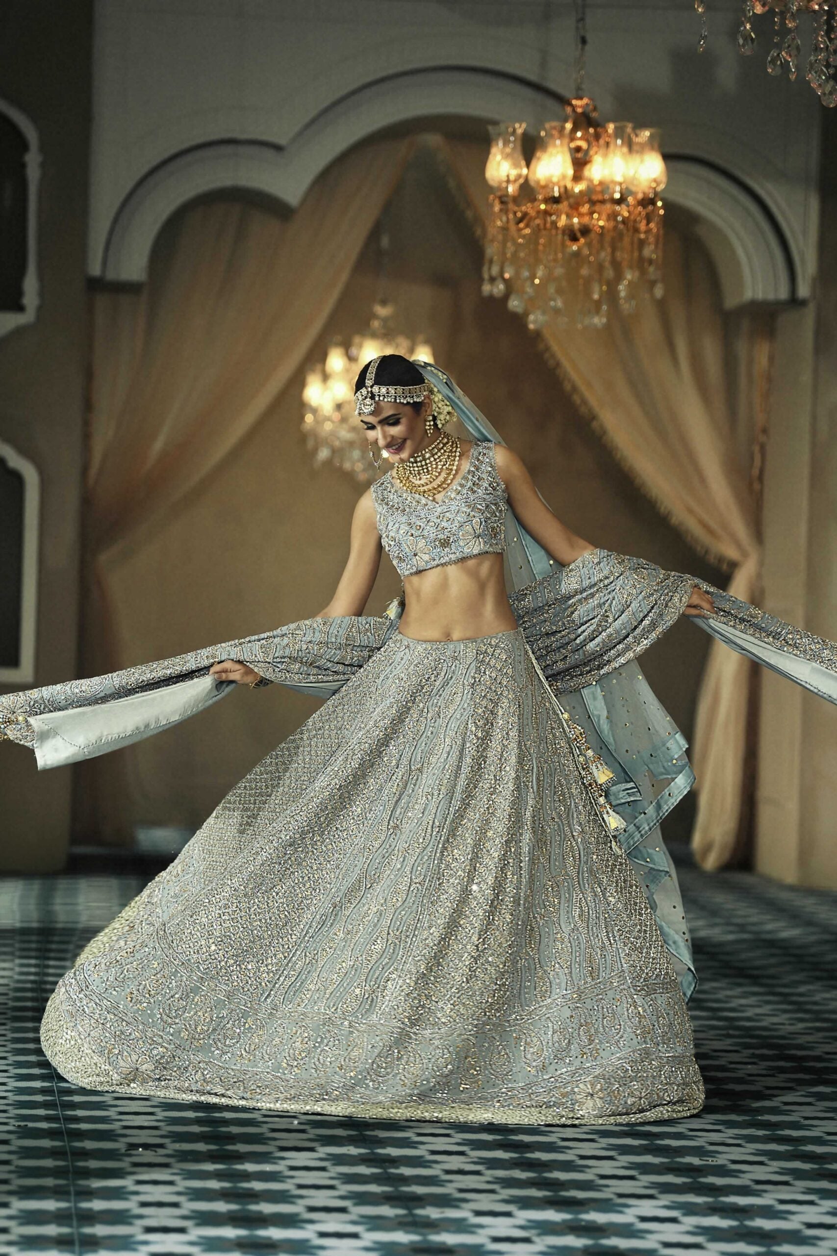 Pakistani Ice Blue Embroidered Chiffon Chickenkari Lehnga Choli (3-Piece) - Image 8