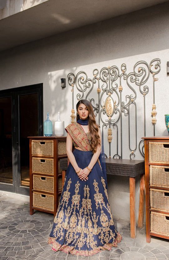 Deep Blue Gold Embroidered Chiffon Lehenga Choli (3-Piece) - Image 2