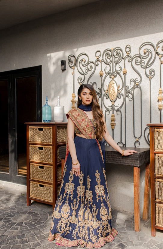 Deep Blue Gold Embroidered Chiffon Lehenga Choli (3-Piece) - Image 3