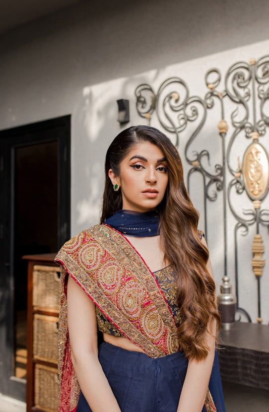 Deep Blue Gold Embroidered Chiffon Lehenga Choli (3-Piece) - Image 4