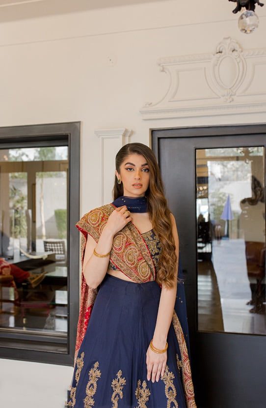 Deep Blue Gold Embroidered Chiffon Lehenga Choli (3-Piece) - Image 5