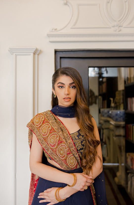 Deep Blue Gold Embroidered Chiffon Lehenga Choli (3-Piece) - Image 6