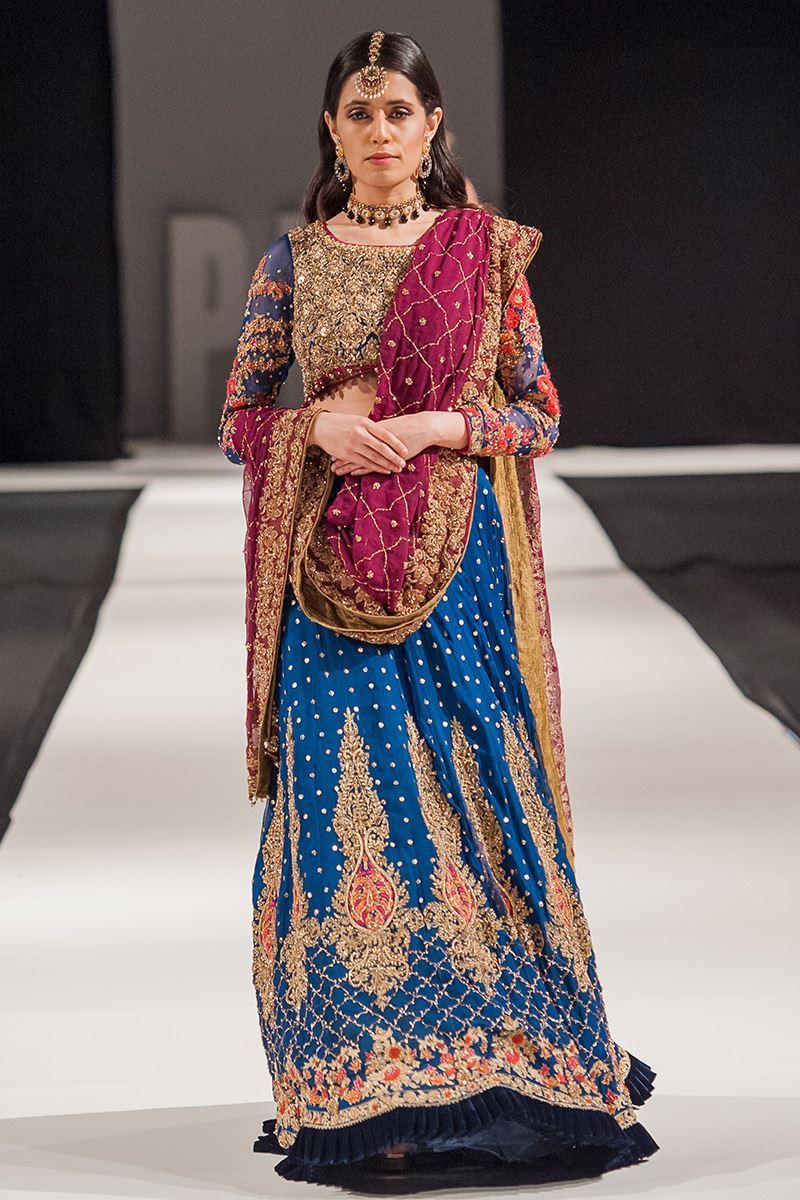 Pakistani Electric Blue Embroidered Chiffon Lehenga (3-Piece) - Image 1