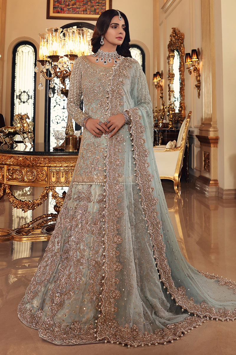 Aqua Pearl & Dabka Chiffon Lehenga (3-Piece) - Image 1