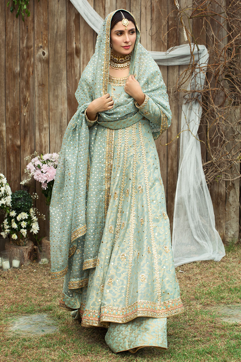 Pakistani Calamine Blue Embroidered Cotton Net Kalidar Lehenga (3-Piece) - Image 3