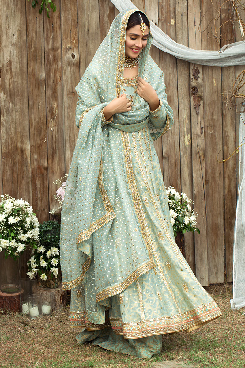 Pakistani Calamine Blue Embroidered Cotton Net Kalidar Lehenga (3-Piece) - Image 4