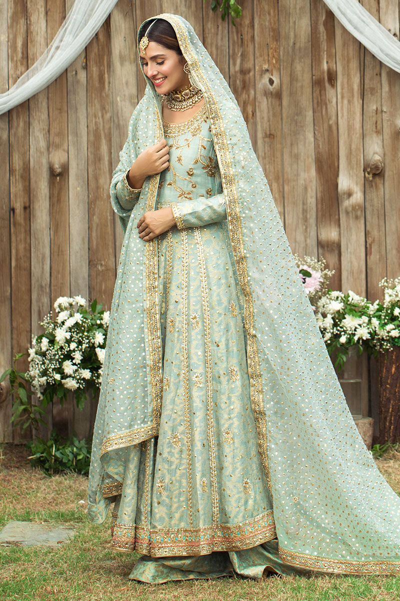 Pakistani Calamine Blue Embroidered Cotton Net Kalidar Lehenga (3-Piece) - Image 5