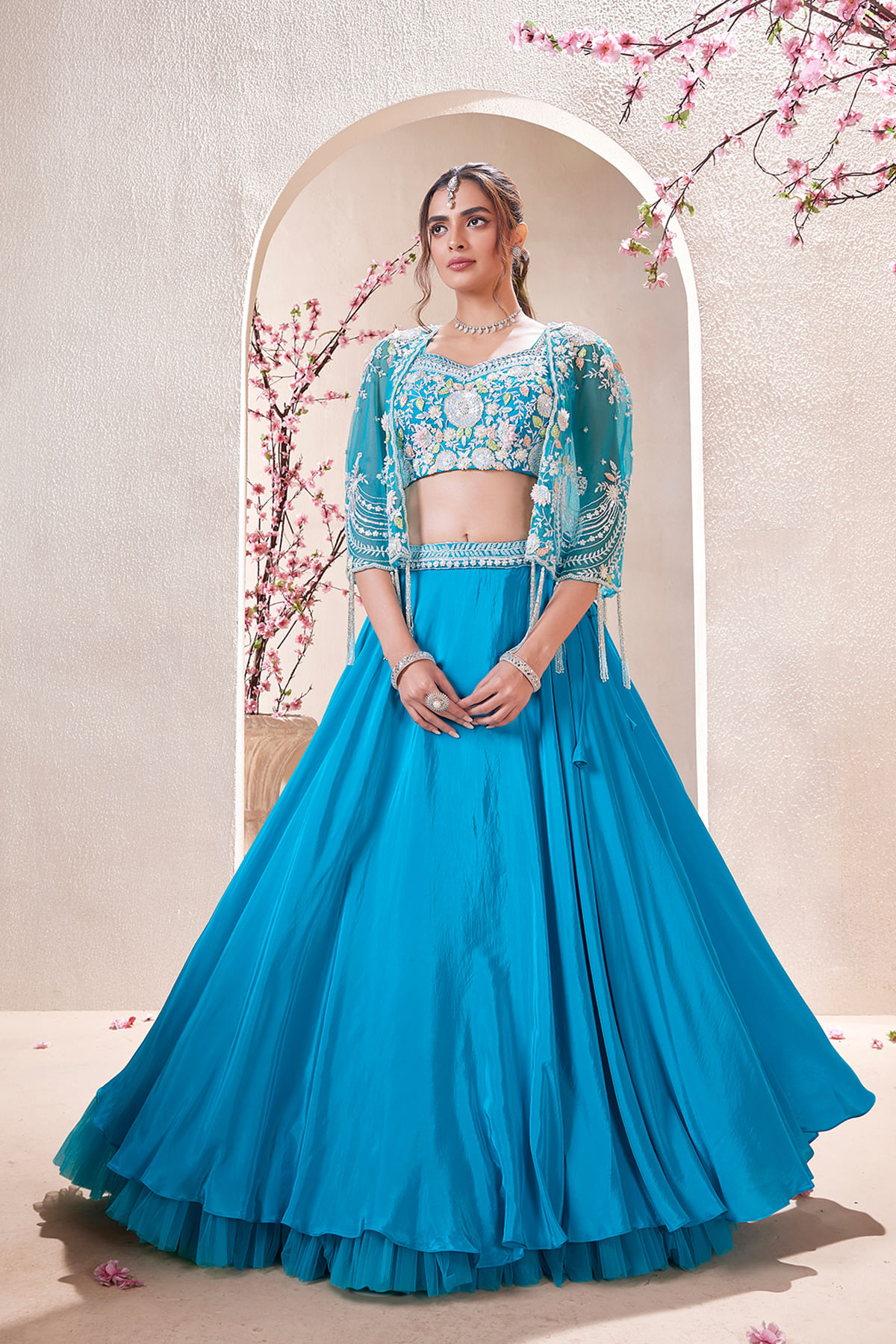 Blue Pearl Embroidered Crepe Lehenga (3-Piece) - Image 1