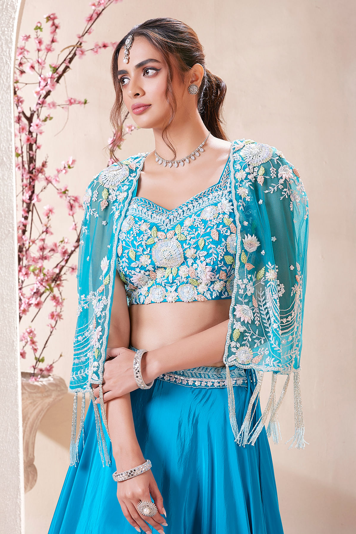 Blue Pearl Embroidered Crepe Lehenga (3-Piece) - Image 2