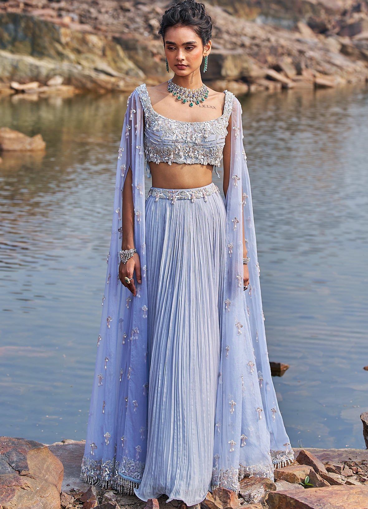 Pakistani Powder Blue Sequinned Georgette & Organza Lehenga (2-Piece) - Image 1
