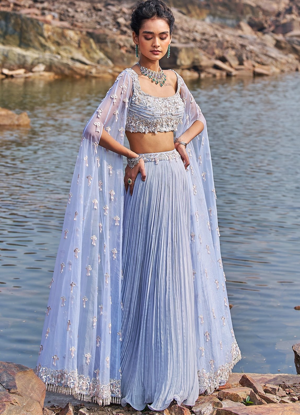 Pakistani Powder Blue Sequinned Georgette & Organza Lehenga (2-Piece) - Image 3