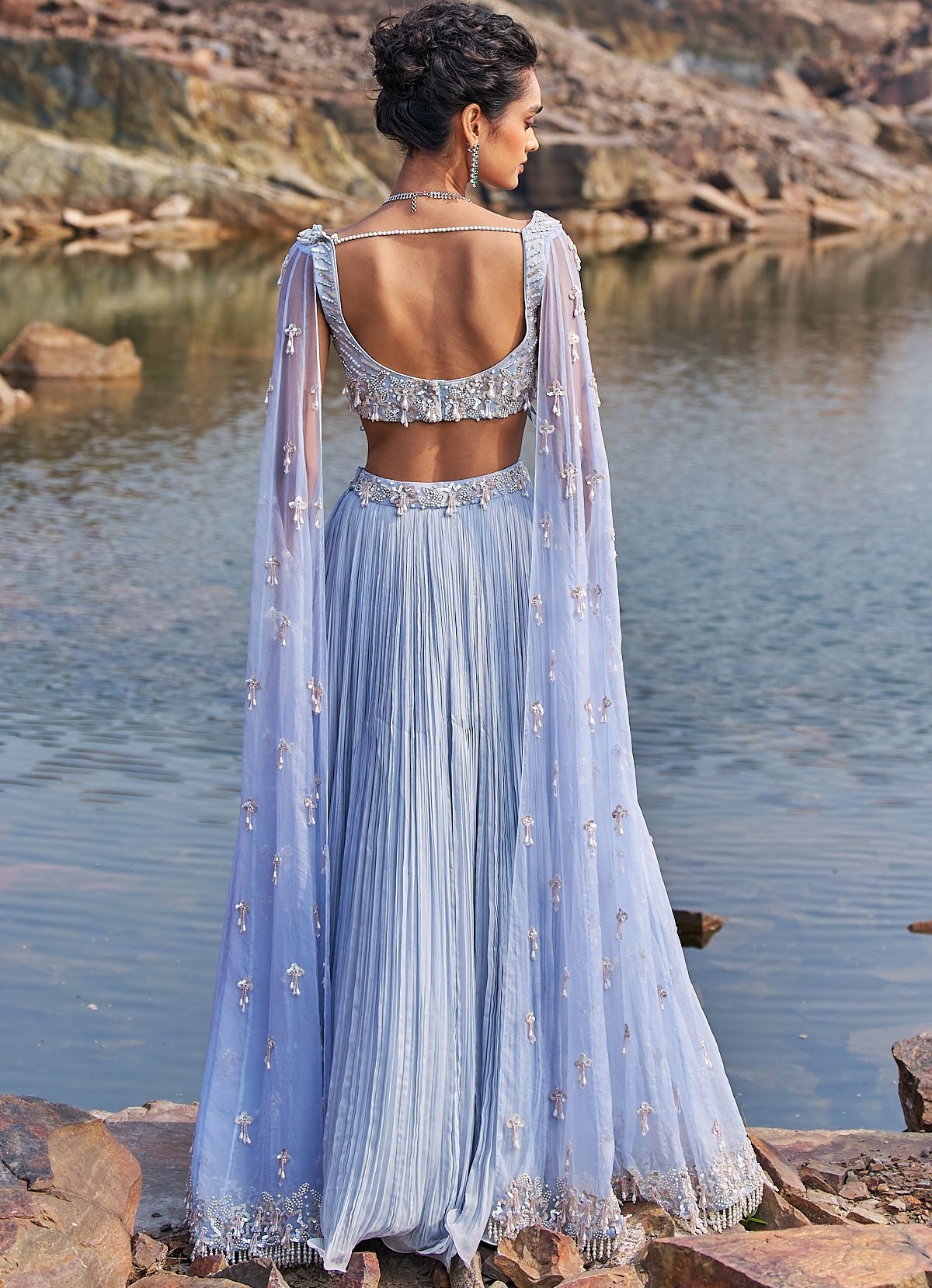 Pakistani Powder Blue Sequinned Georgette & Organza Lehenga (2-Piece) - Image 4