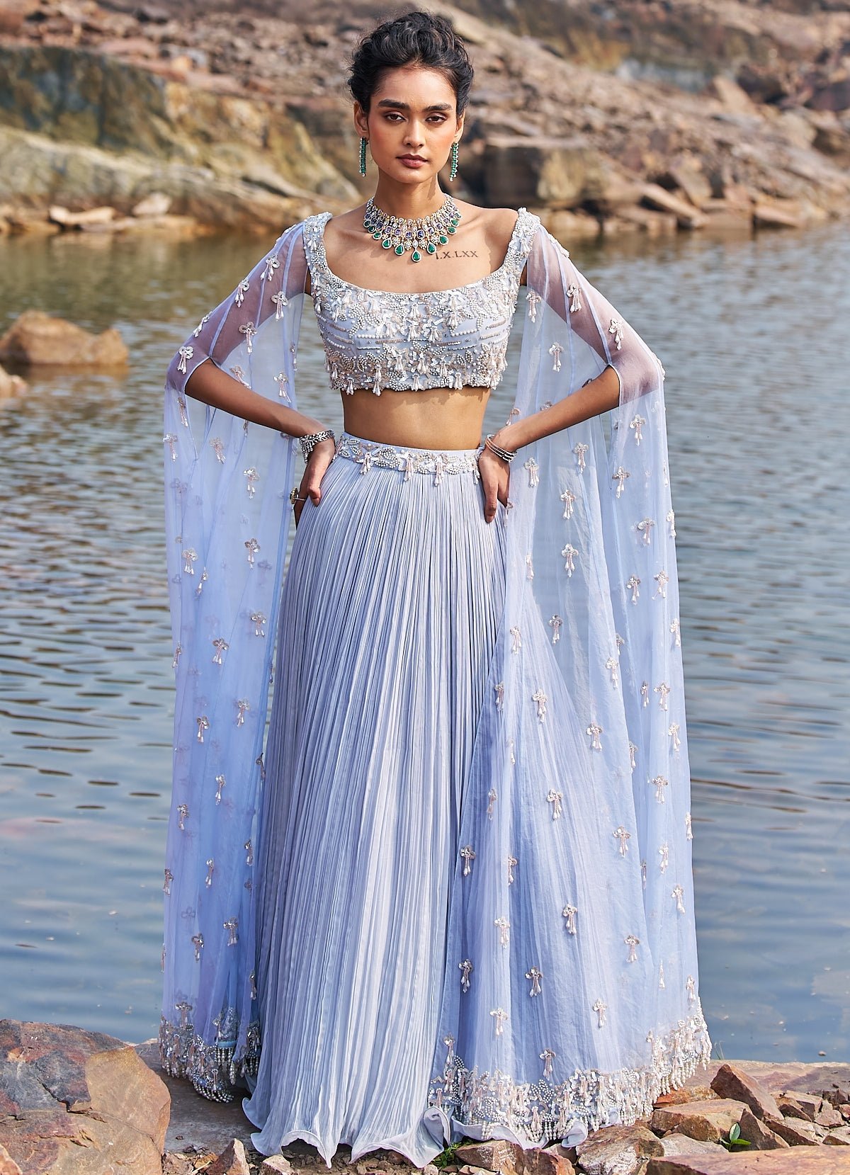 Pakistani Powder Blue Sequinned Georgette & Organza Lehenga (2-Piece) - Image 5