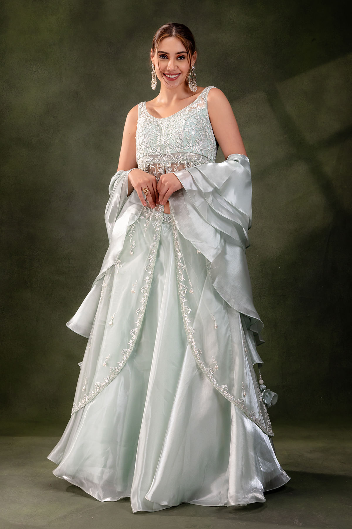 Mint Blue Embroidered Glass Tissue & Net Lehenga (3-Piece) - Image 1