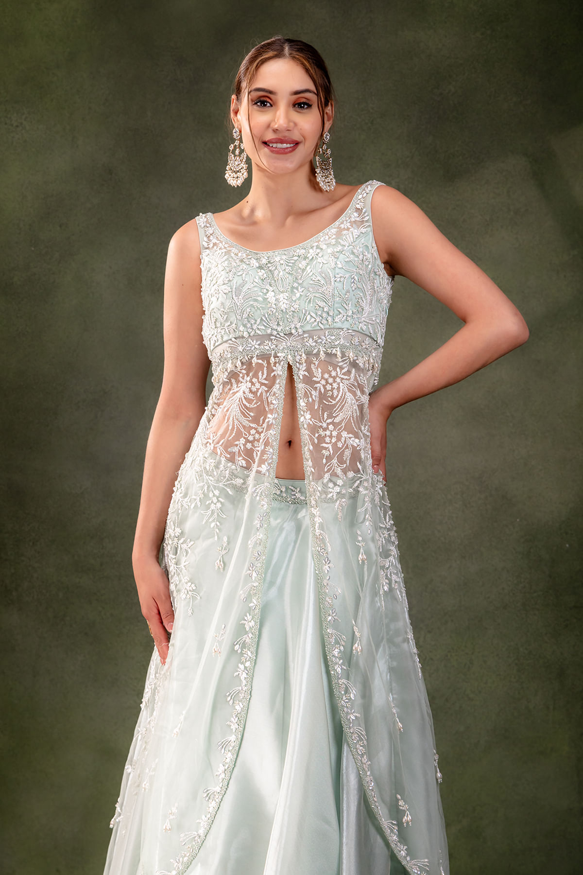 Mint Blue Embroidered Glass Tissue & Net Lehenga (3-Piece) - Image 2