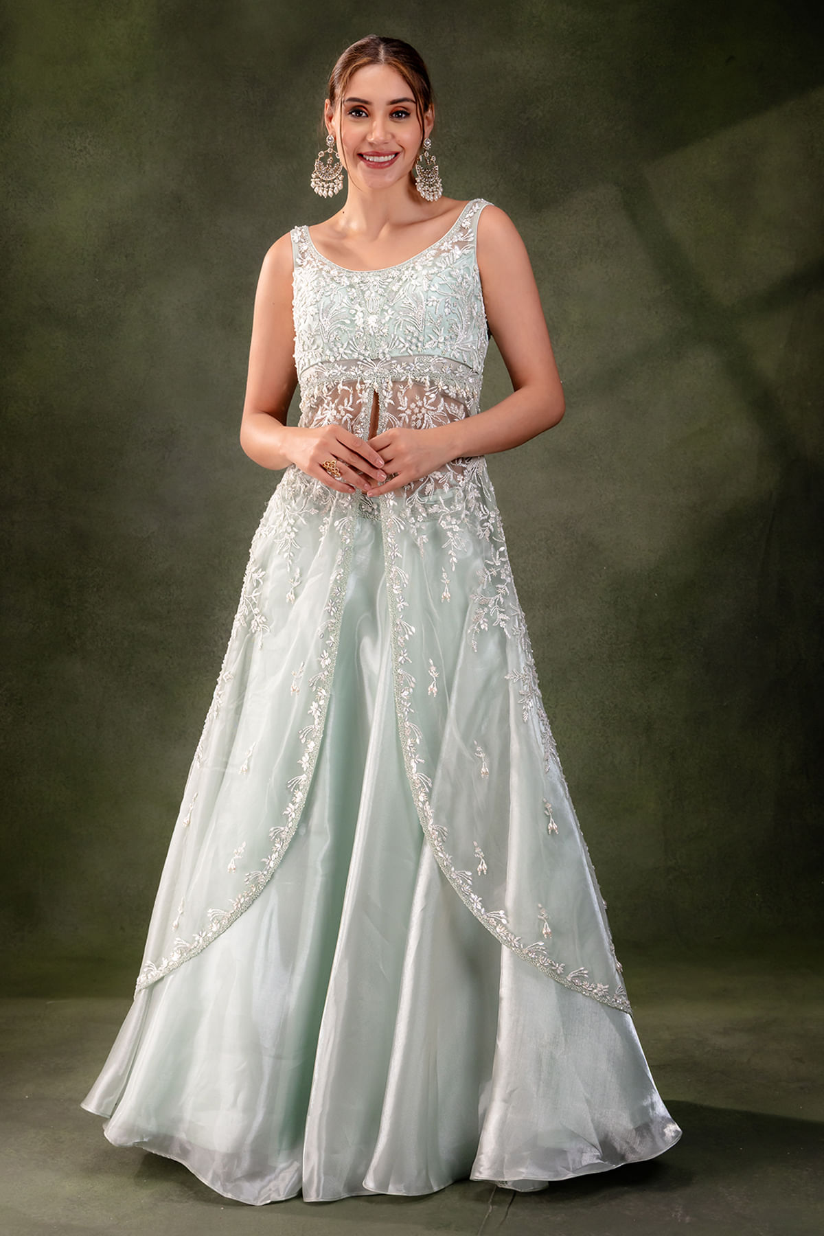 Mint Blue Embroidered Glass Tissue & Net Lehenga (3-Piece) - Image 3