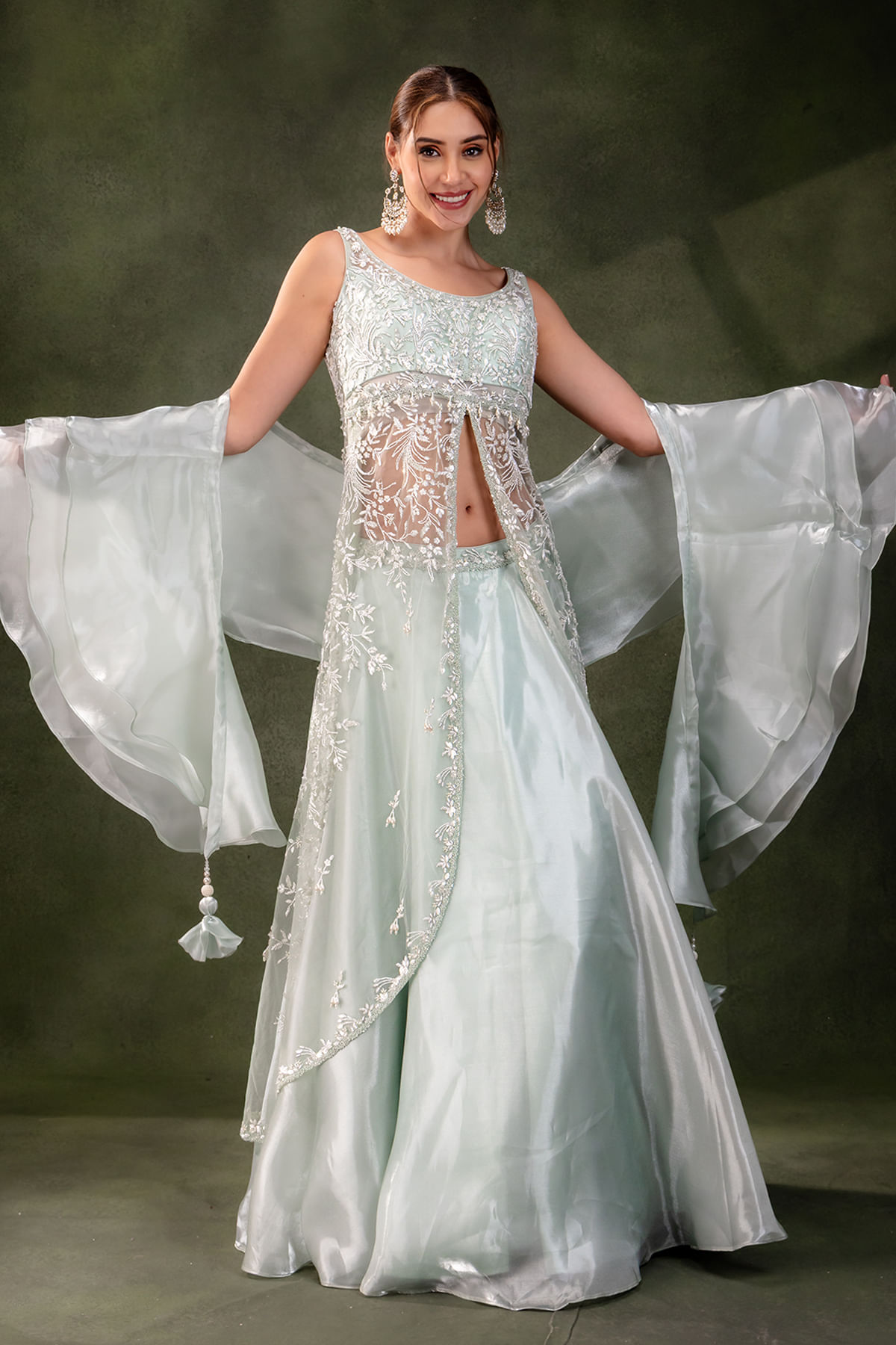 Mint Blue Embroidered Glass Tissue & Net Lehenga (3-Piece) - Image 4