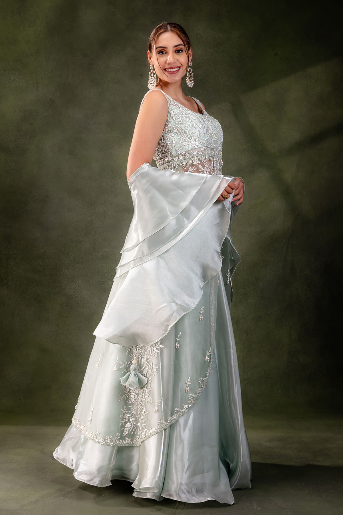 Mint Blue Embroidered Glass Tissue & Net Lehenga (3-Piece) - Image 5