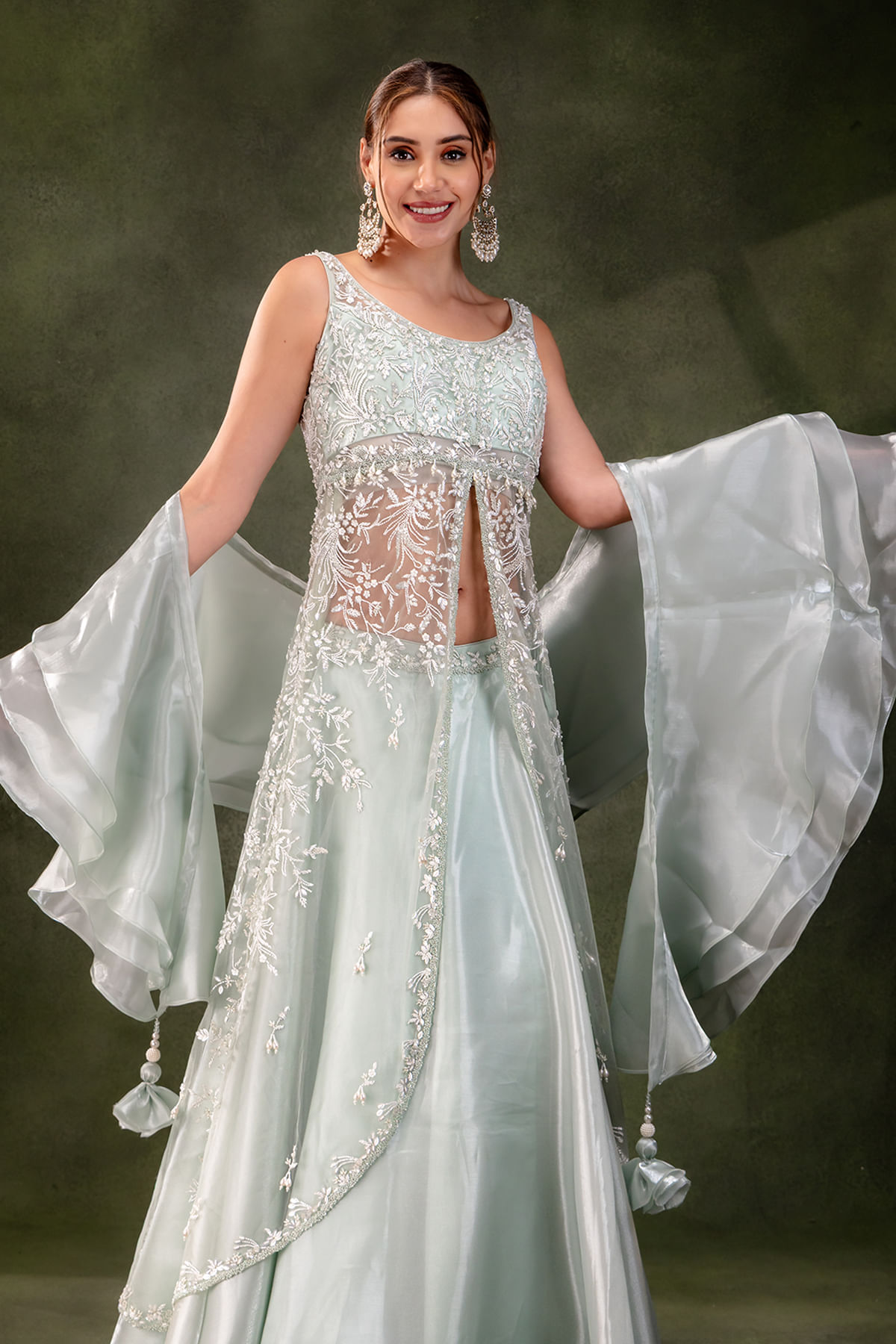 Mint Blue Embroidered Glass Tissue & Net Lehenga (3-Piece) - Image 6