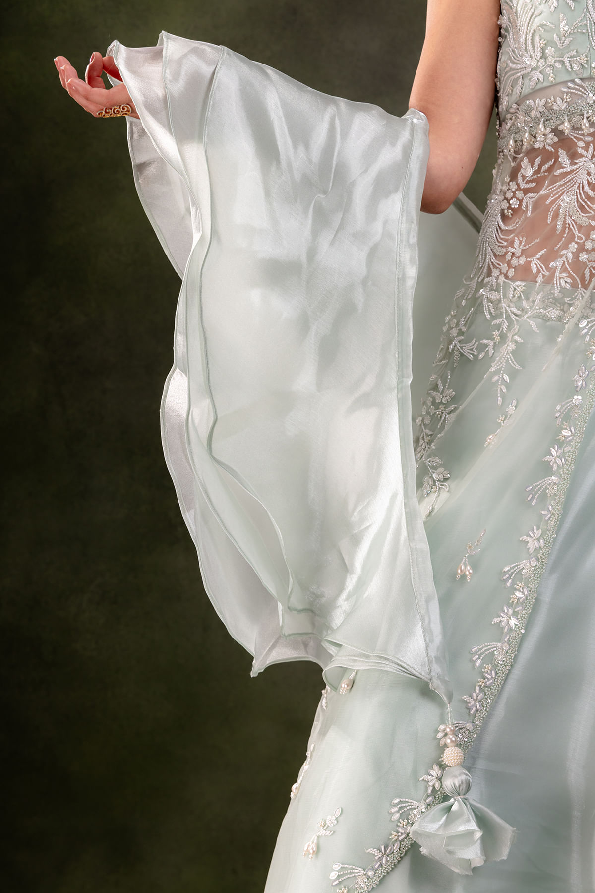 Mint Blue Embroidered Glass Tissue & Net Lehenga (3-Piece) - Image 8