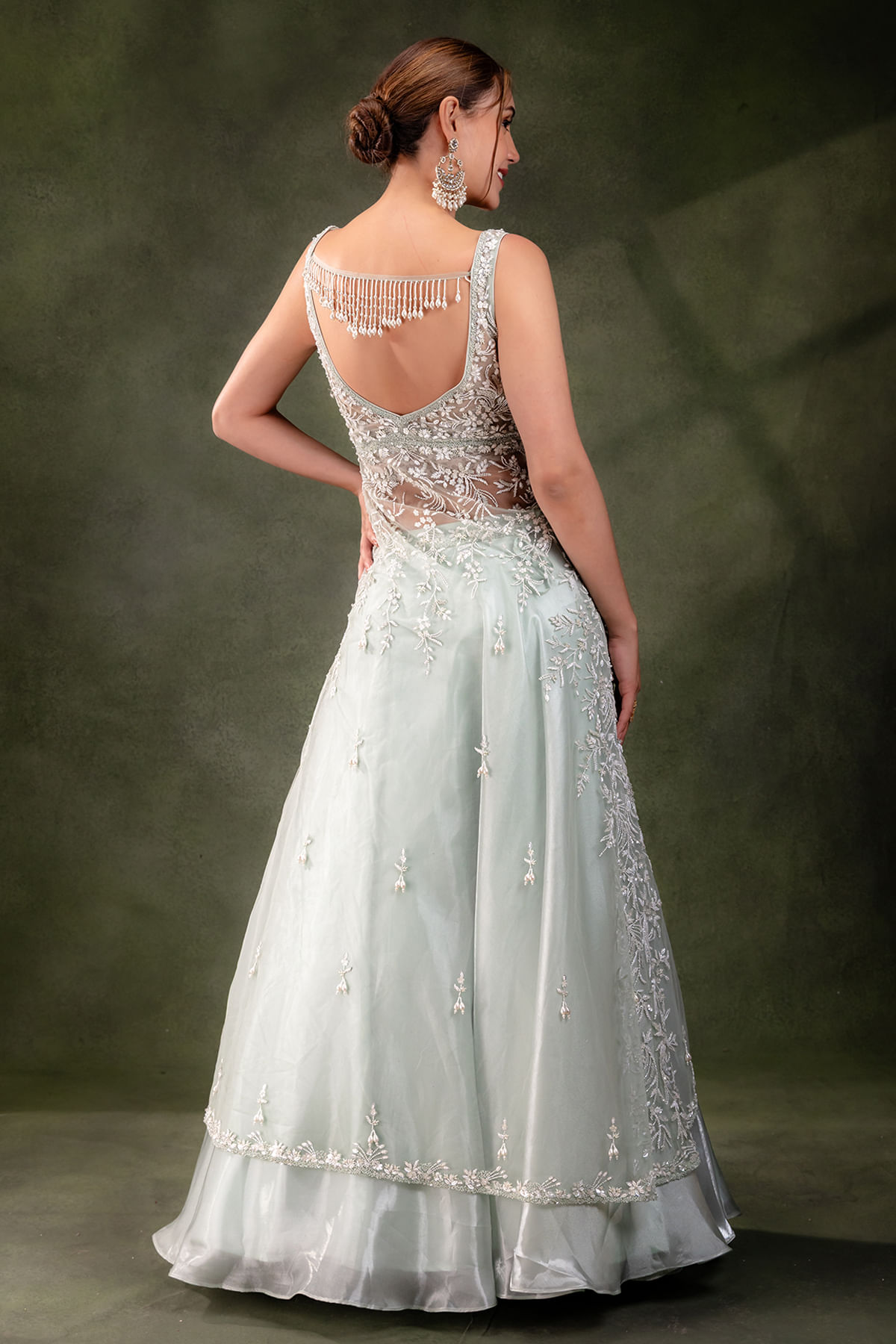 Mint Blue Embroidered Glass Tissue & Net Lehenga (3-Piece) - Image 9