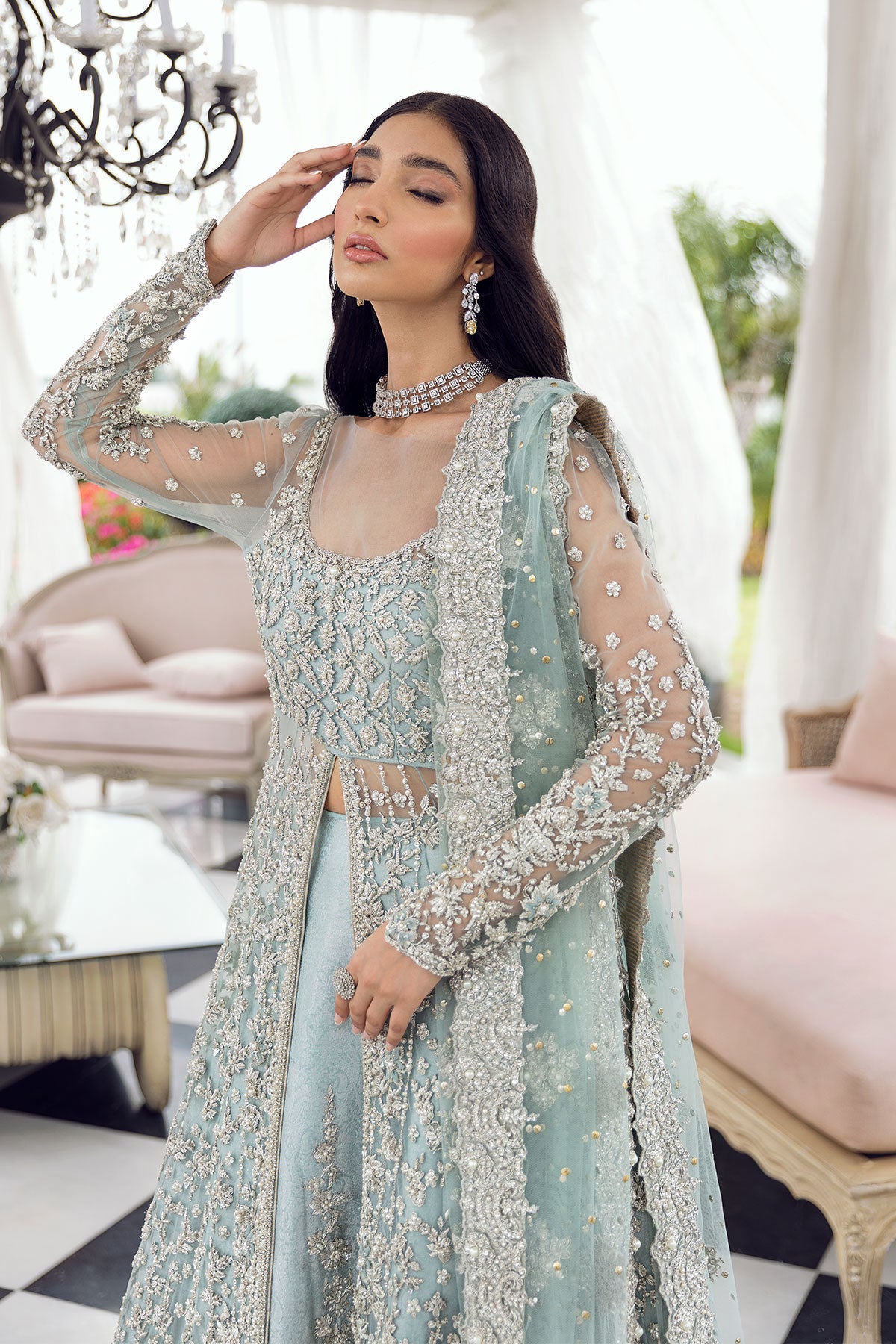 Aqua Embellished Net Gown with Jamawar Lehenga (3-Piece) - Image 2