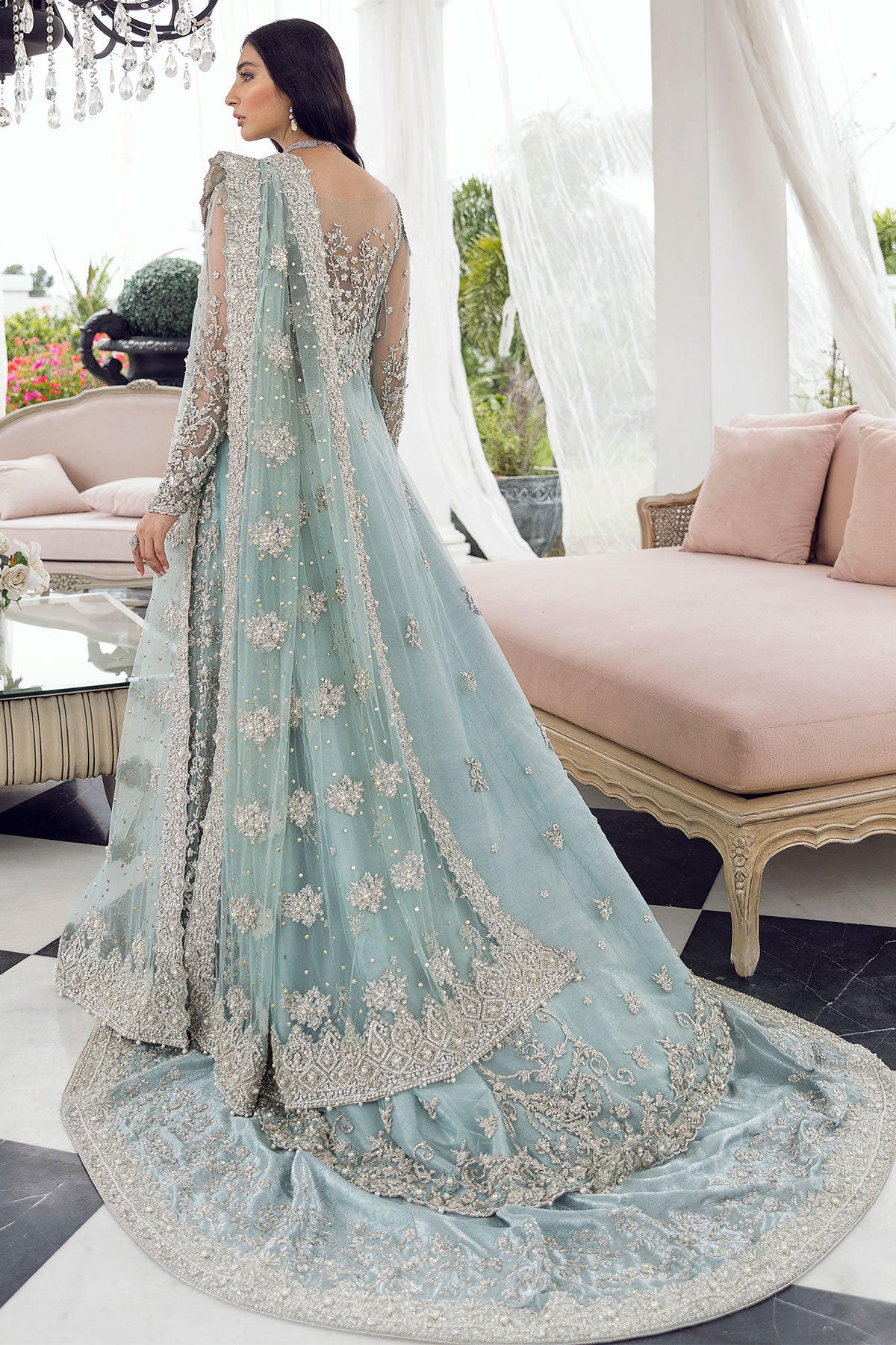Aqua Embellished Net Gown with Jamawar Lehenga (3-Piece) - Image 3