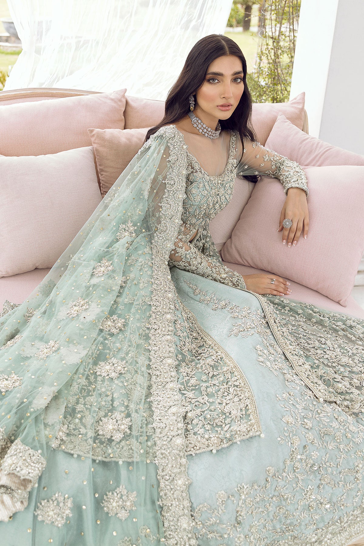 Aqua Embellished Net Gown with Jamawar Lehenga (3-Piece) - Image 4