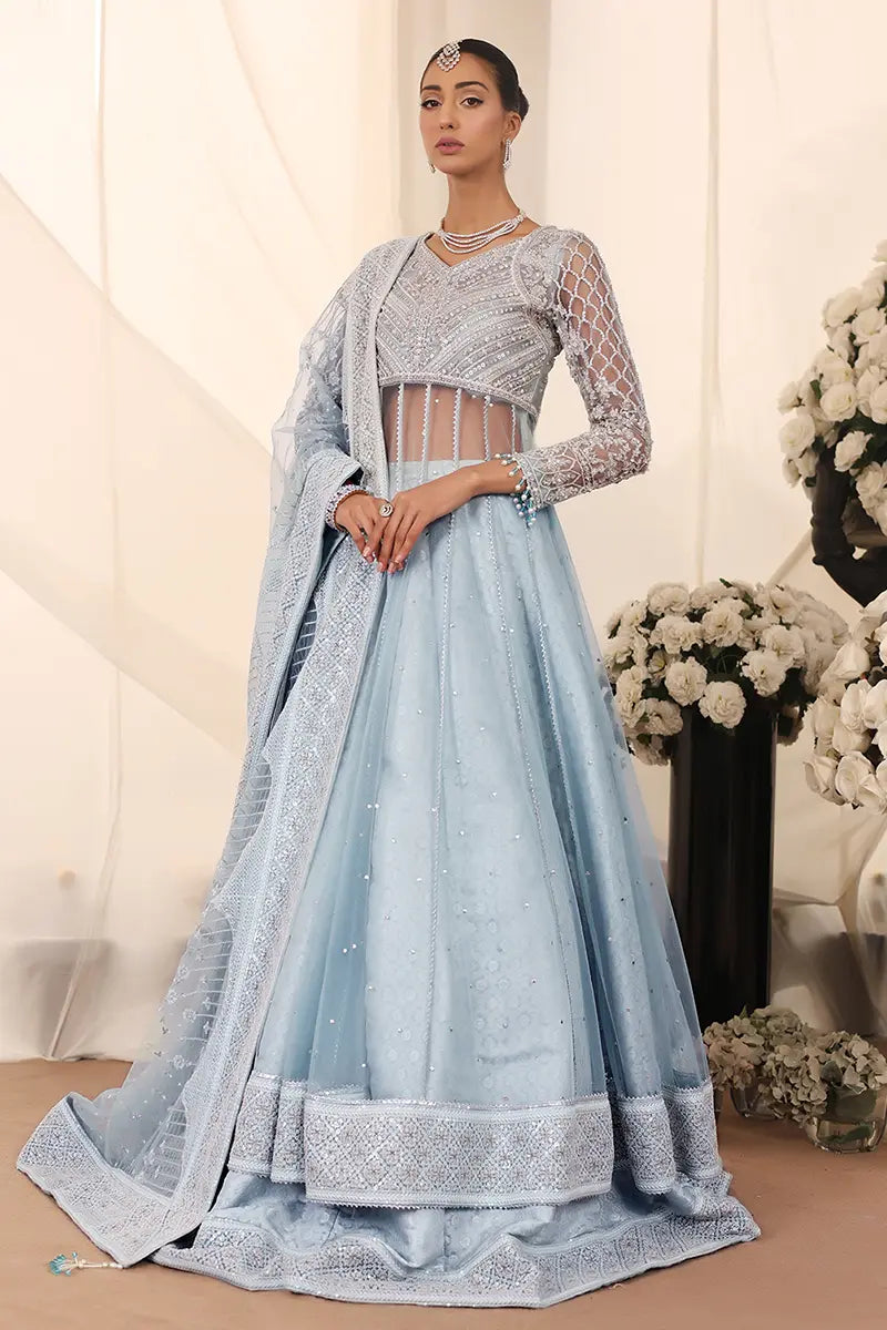 Pakistani Ice Blue Embroidered Net Pishwas with Jamawar Lehnga (3-Piece) - Image 1