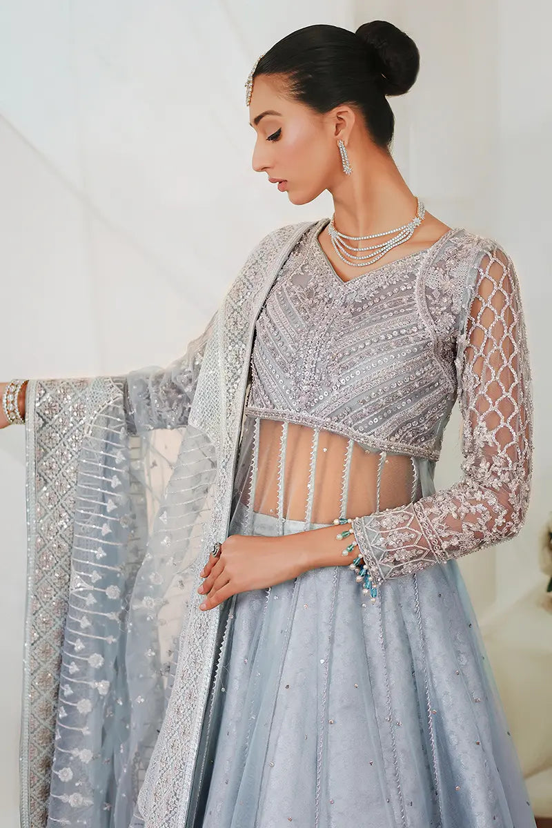 Pakistani Ice Blue Embroidered Net Pishwas with Jamawar Lehnga (3-Piece) - Image 2