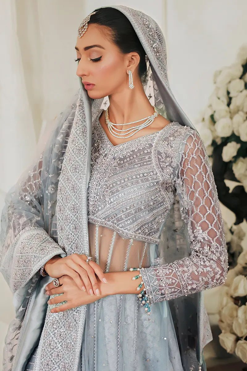 Pakistani Ice Blue Embroidered Net Pishwas with Jamawar Lehnga (3-Piece) - Image 3