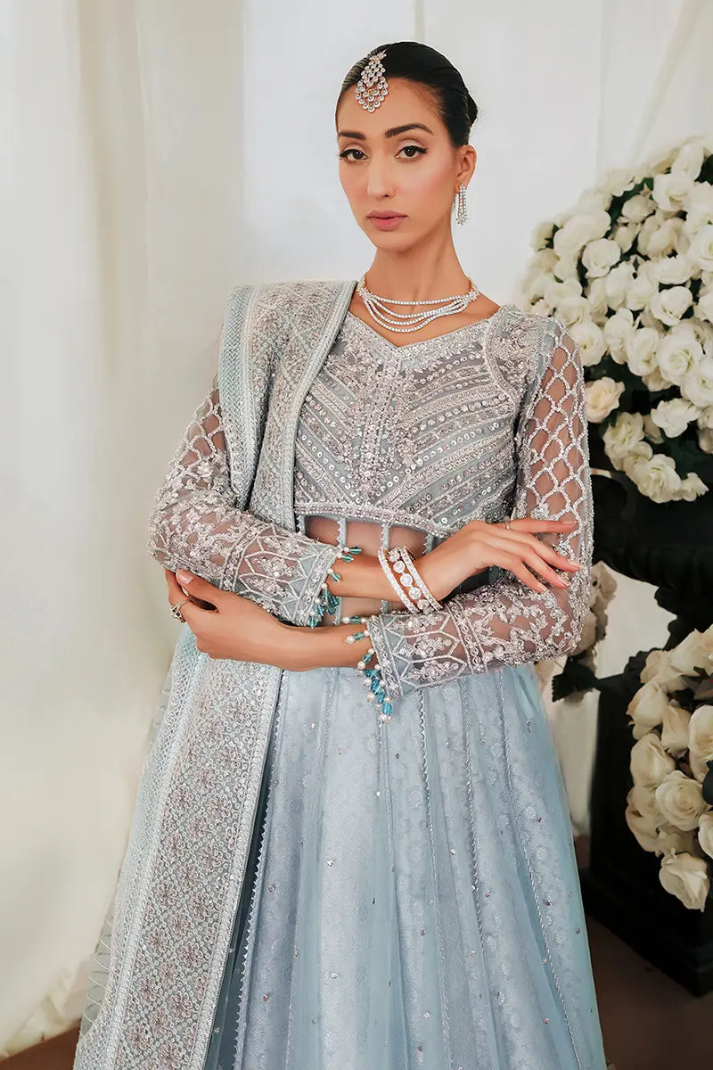 Pakistani Ice Blue Embroidered Net Pishwas with Jamawar Lehnga (3-Piece) - Image 4
