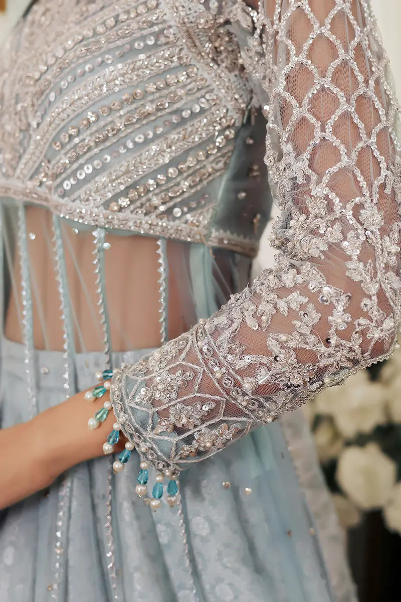 Pakistani Ice Blue Embroidered Net Pishwas with Jamawar Lehnga (3-Piece) - Image 6