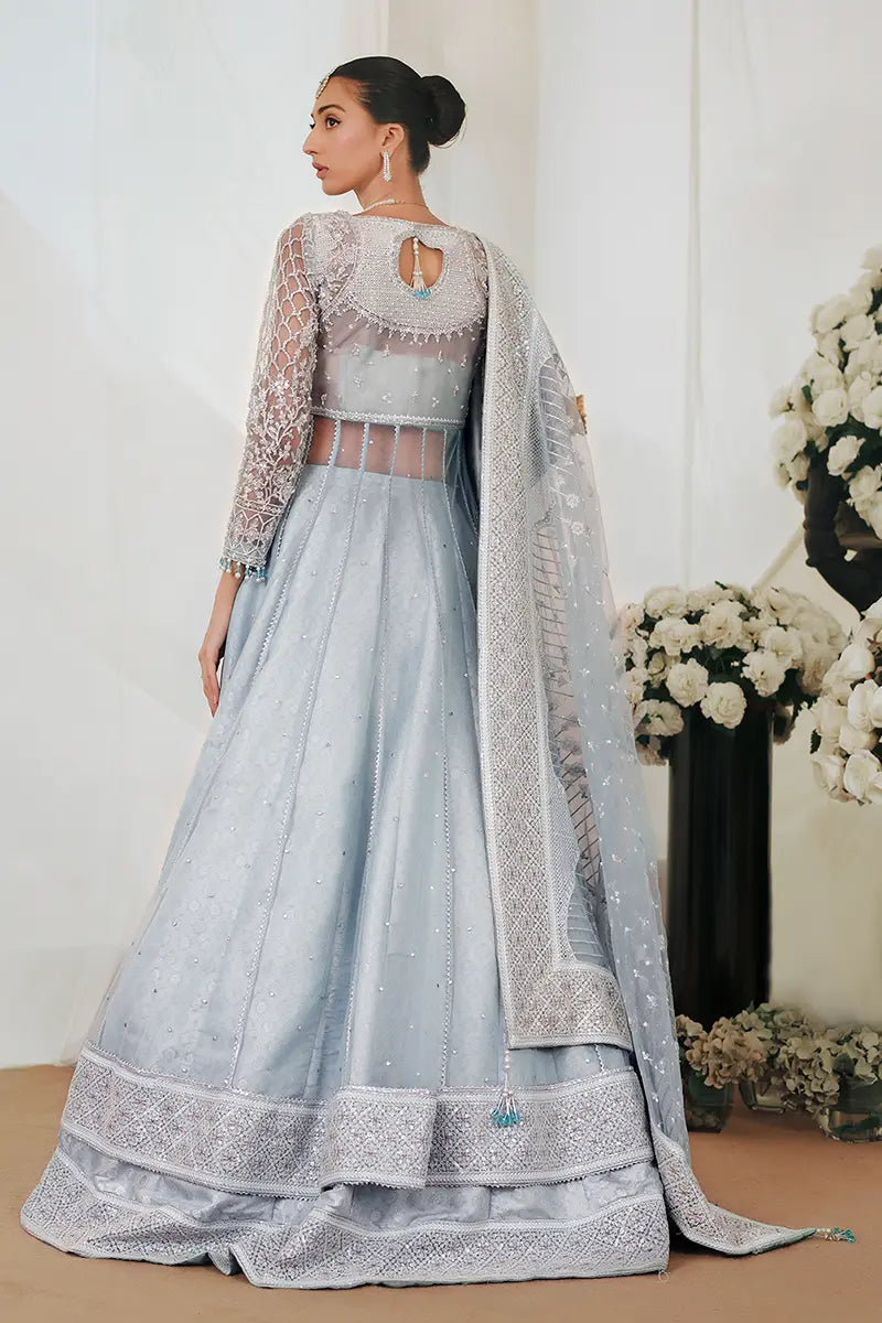 Pakistani Ice Blue Embroidered Net Pishwas with Jamawar Lehnga (3-Piece) - Image 8