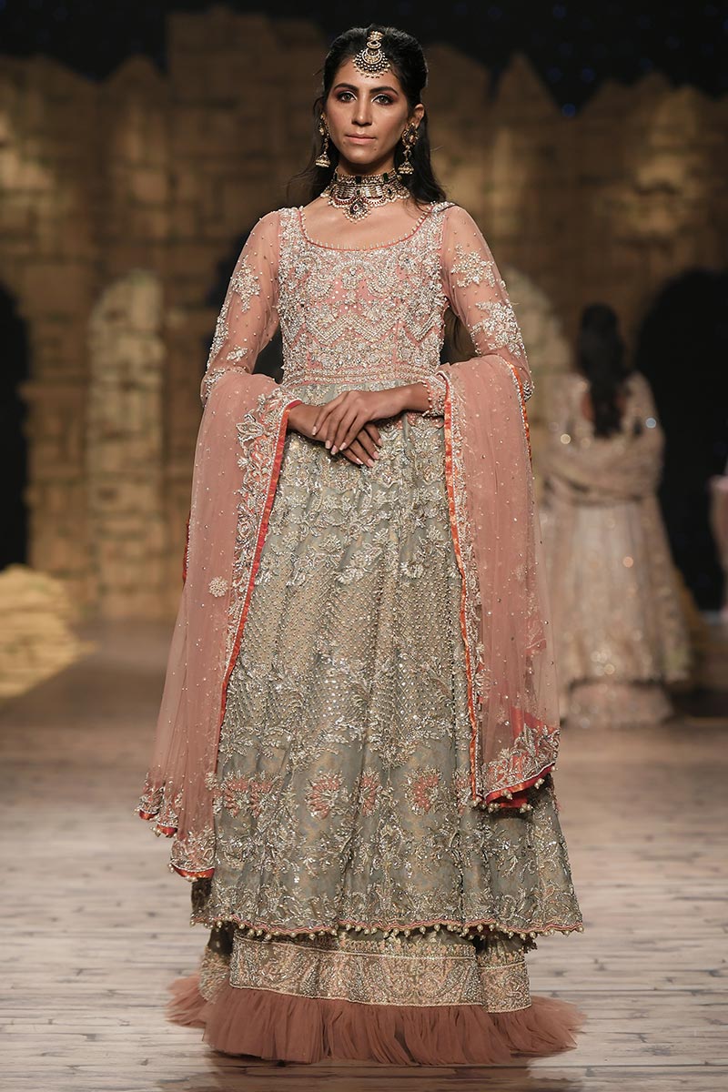 Pakistani Aquamarine Embroidered Jamawar Lehenga (3-Piece) - Image 1