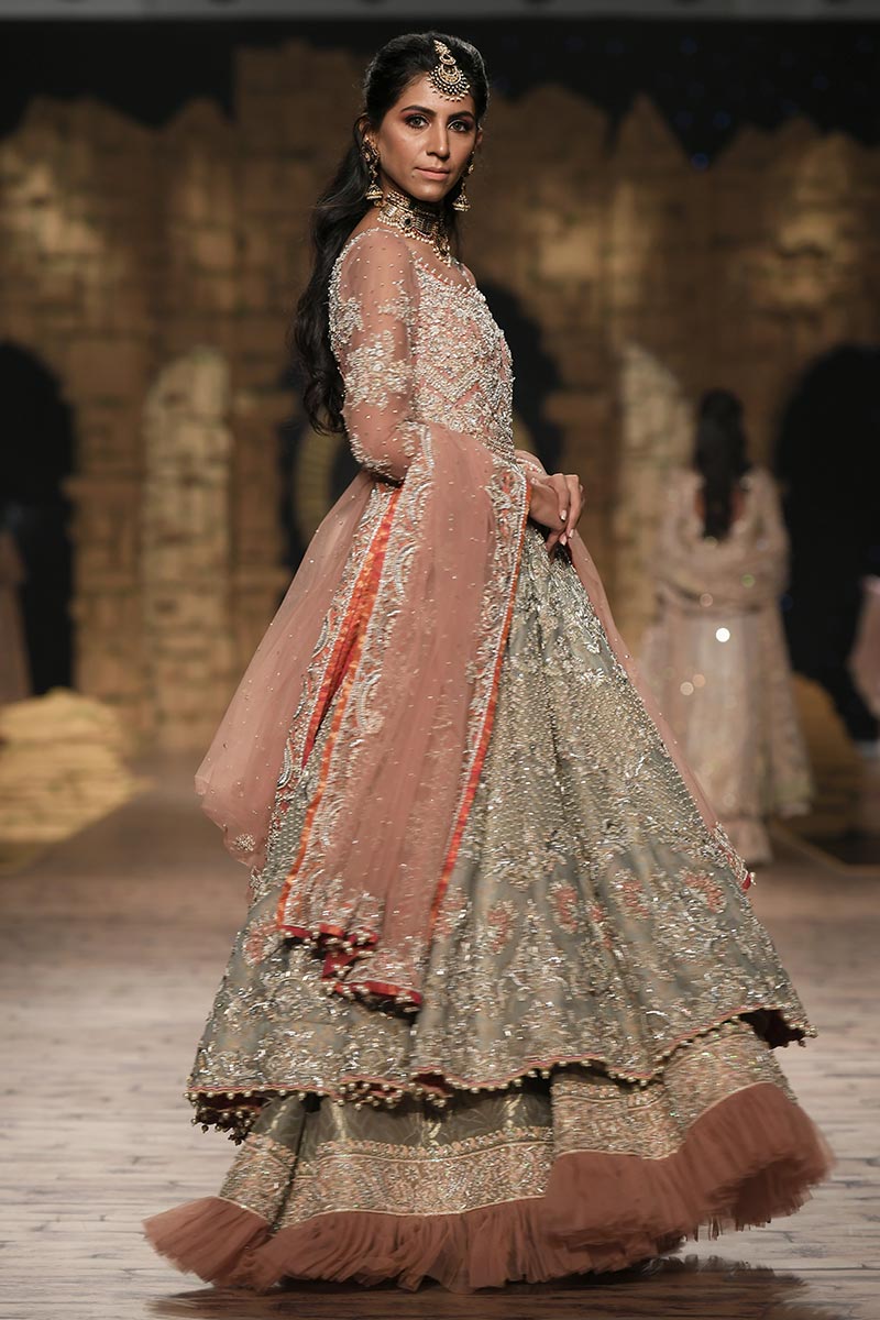 Pakistani Aquamarine Embroidered Jamawar Lehenga (3-Piece) - Image 3