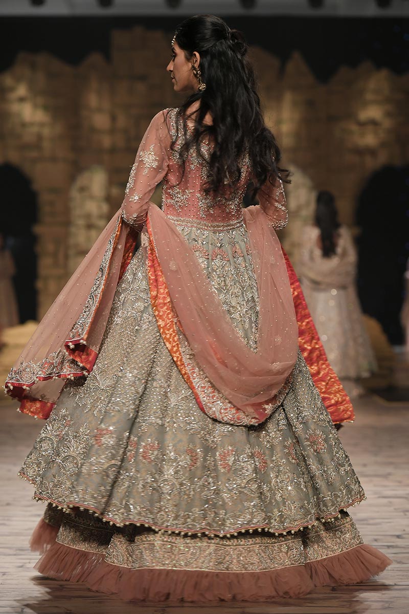 Pakistani Aquamarine Embroidered Jamawar Lehenga (3-Piece) - Image 4