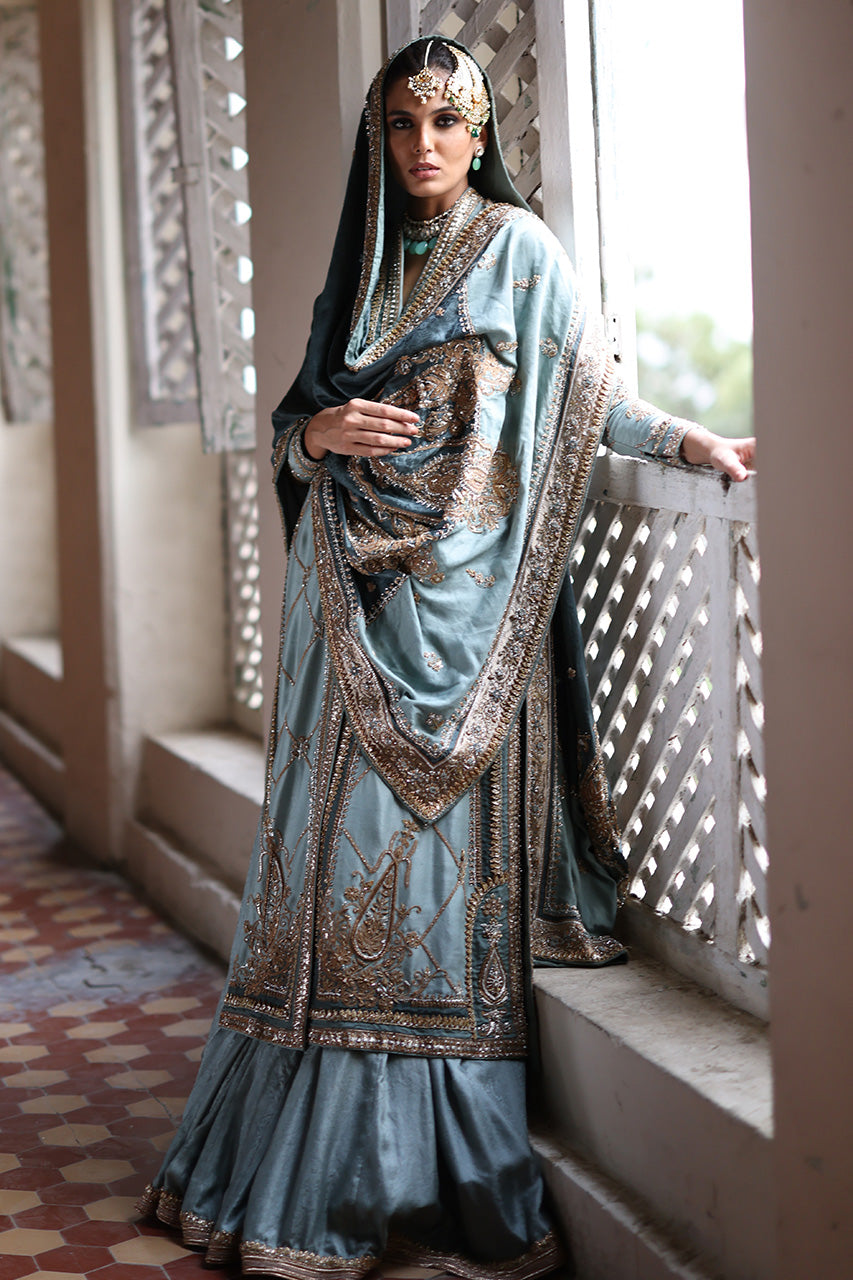 Stone Blue Embroidered Jamawar Silk Bridal Lehenga (3-Piece) - Image 1