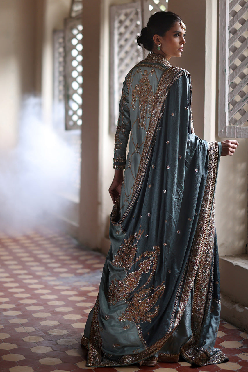 Stone Blue Embroidered Jamawar Silk Bridal Lehenga (3-Piece) - Image 2