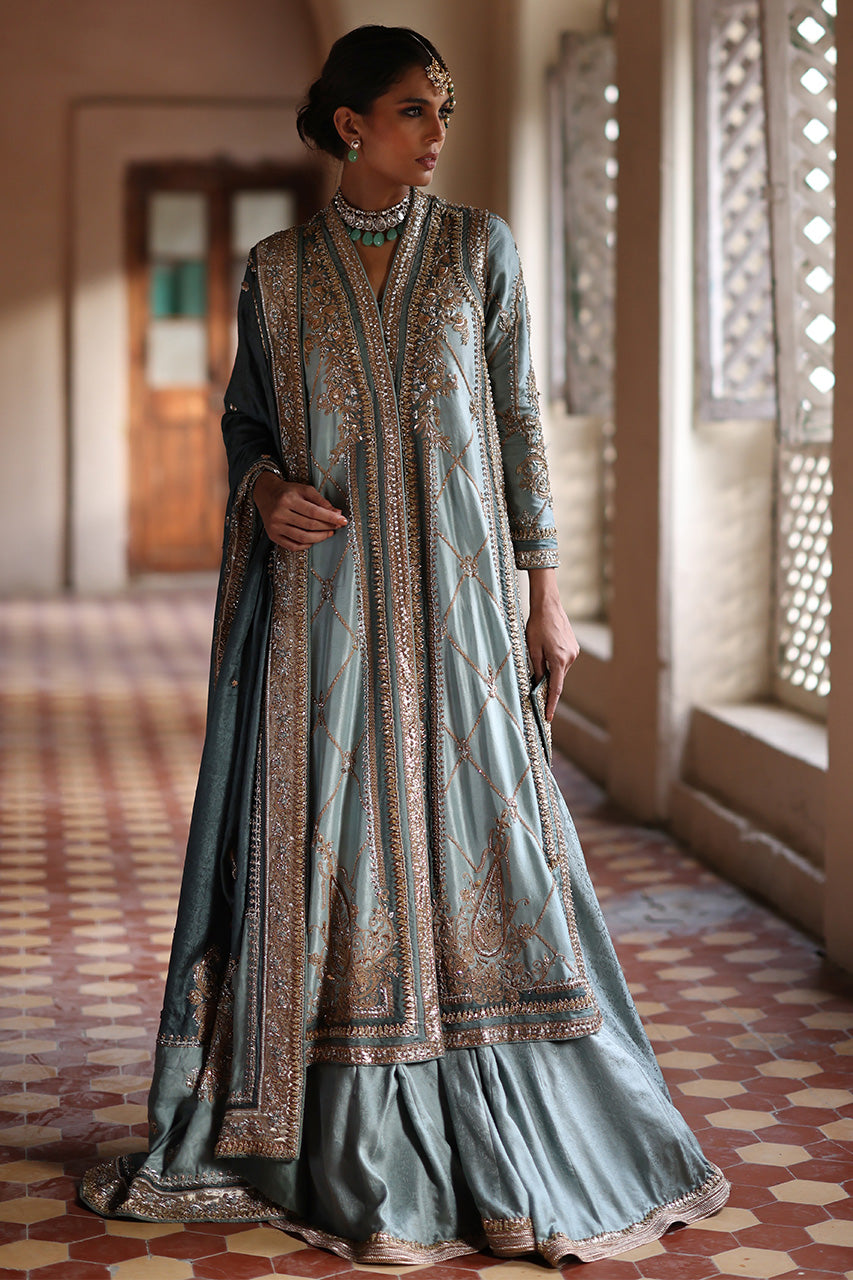 Stone Blue Embroidered Jamawar Silk Bridal Lehenga (3-Piece) - Image 3