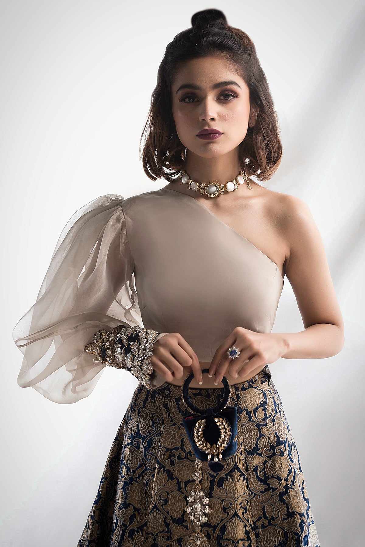 Pakistani Midnight Blue Embellished Jamawar Farshi Lehenga (2-Piece) - Image 2