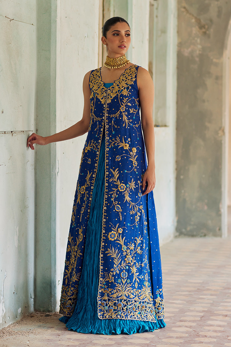 Royal Blue Embroidered Khaddi Silk Jacket Lehenga (3-Piece) - Image 1
