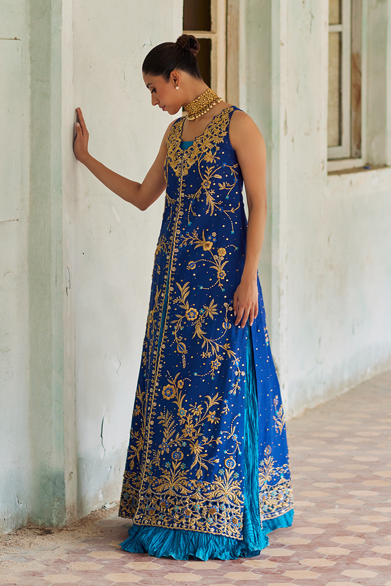 Royal Blue Embroidered Khaddi Silk Jacket Lehenga (3-Piece) - Image 2
