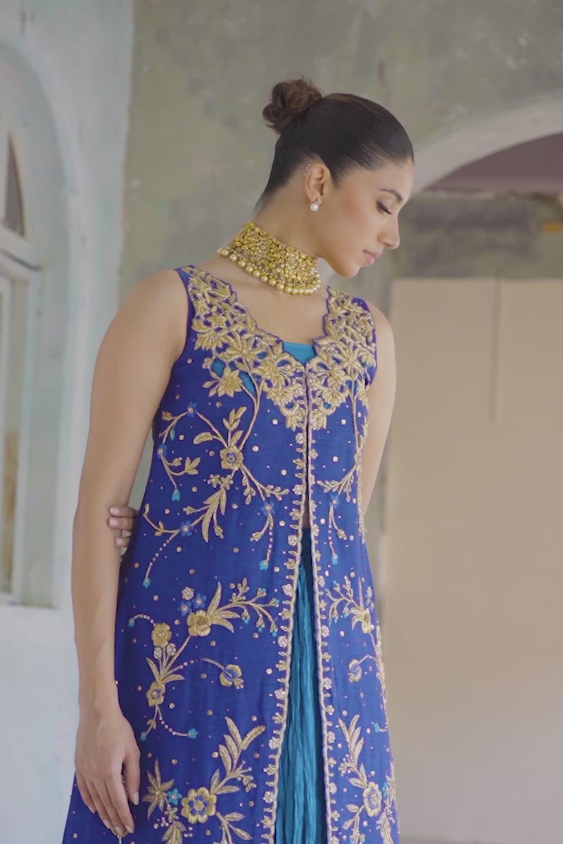 Royal Blue Embroidered Khaddi Silk Jacket Lehenga (3-Piece) - Image 3
