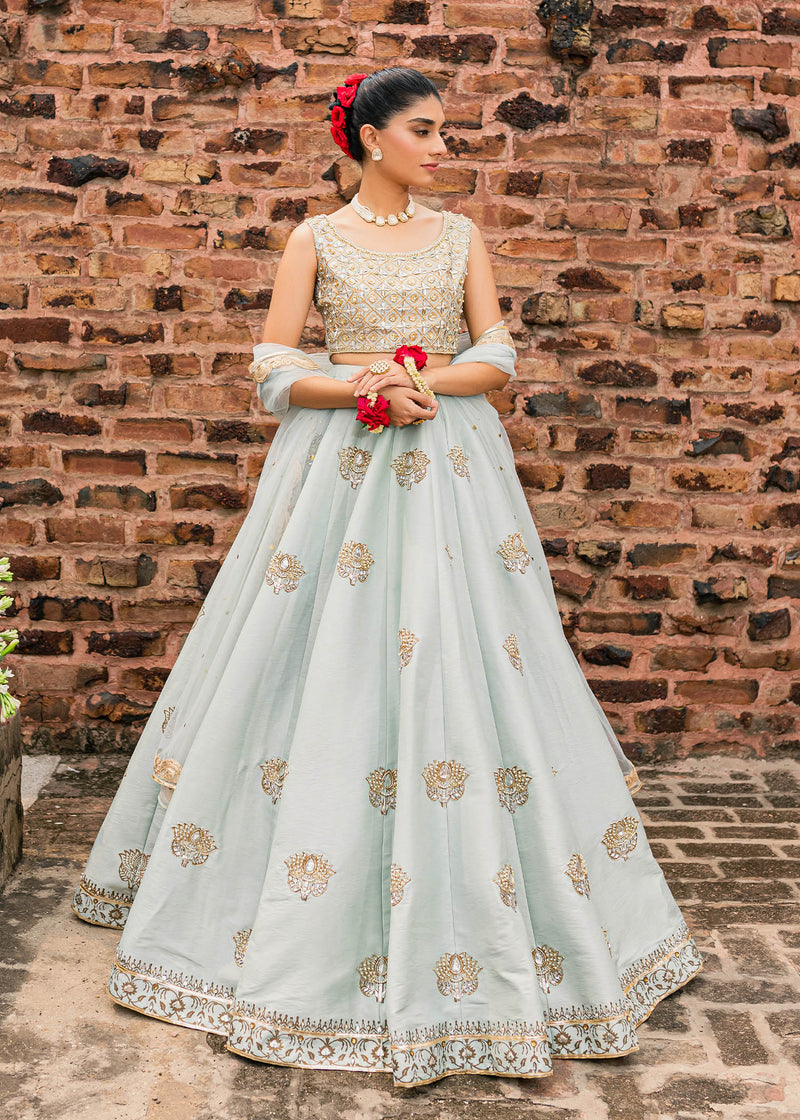 Ice Blue Embroidered Korean Rawsilk Lehenga Choli (3-Piece) - Image 1