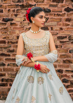 Ice Blue Embroidered Korean Rawsilk Lehenga Choli (3-Piece) - Image 5